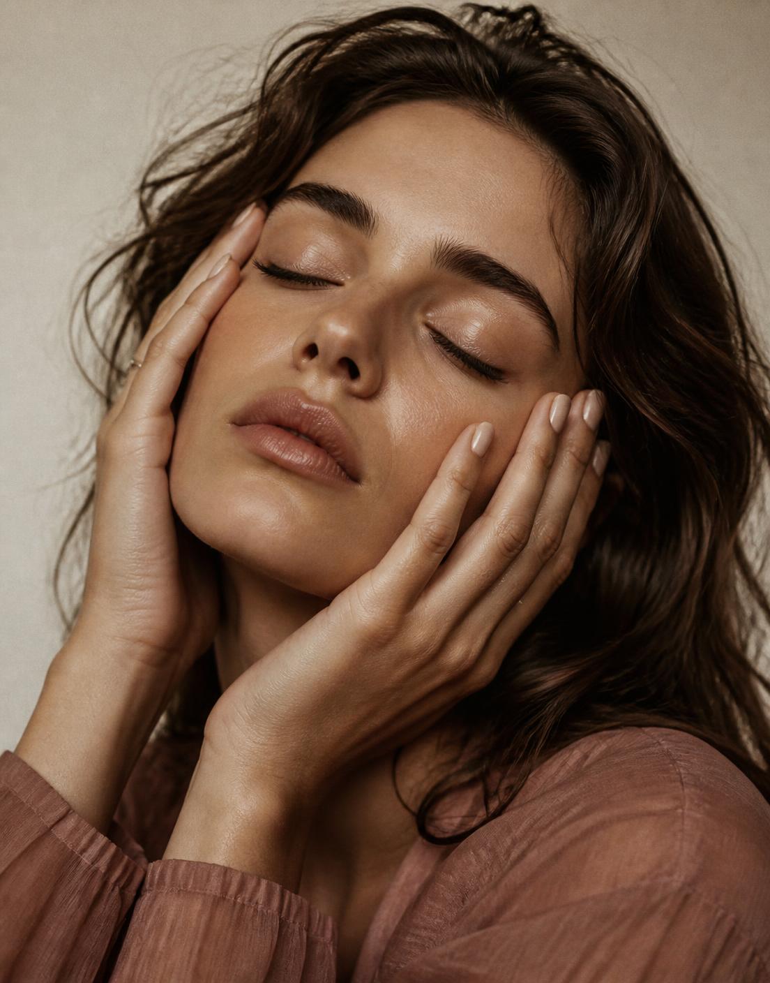 Woman resting her hands against her face, eyes closed