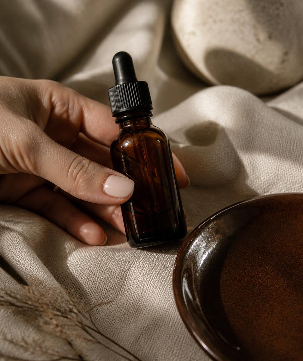 Amber dropper bottle resting on linen in the studio