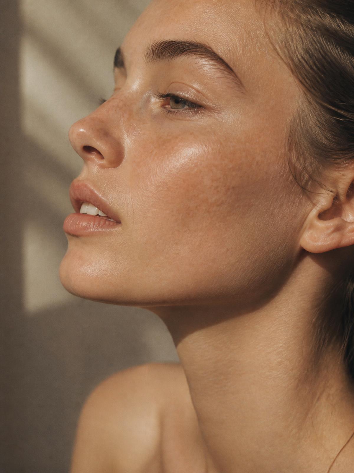 Close-up editorial portrait with natural, luminous skin