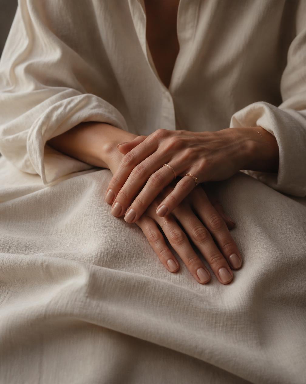 Hands with a short natural nude manicure on linen
