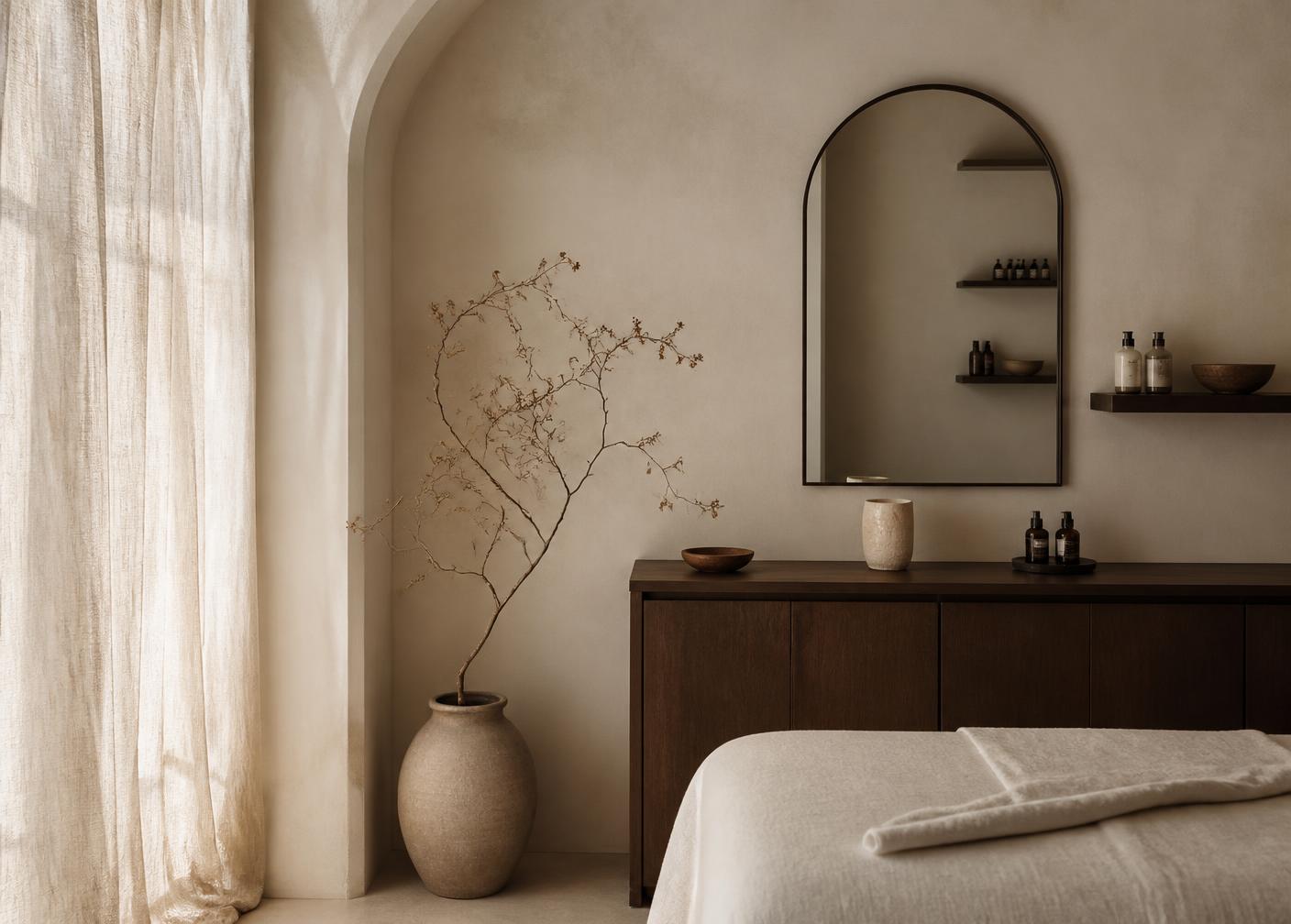 Minimal beauty studio interior with arched mirror and linen curtain